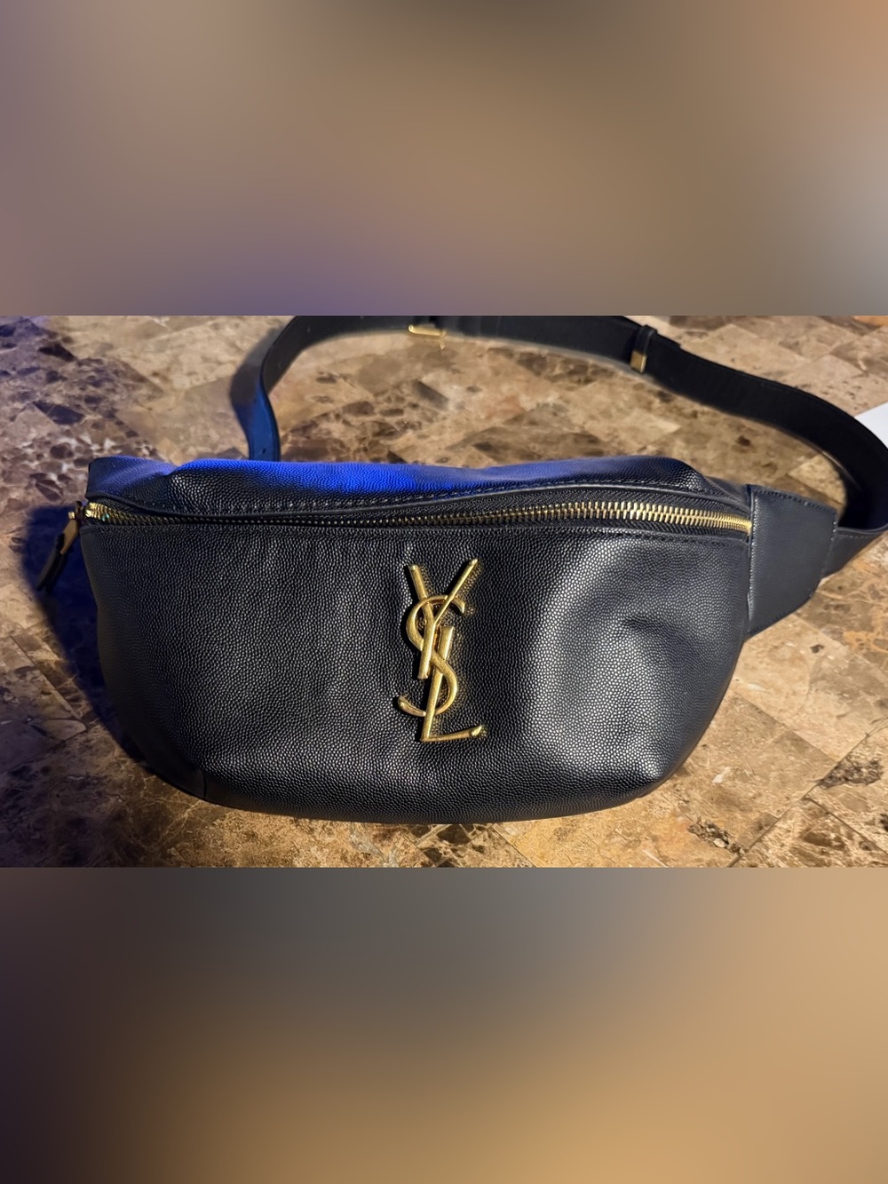 Saint Laurent Black Leather Belt Bag with Gold YSL Logo